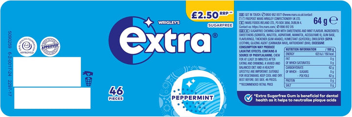 Wrigley'S Extra Chewing Gum, Peppermint Flavour, 46 Pieces, Sugar Free Chewing Gum Bottle with Xylitol