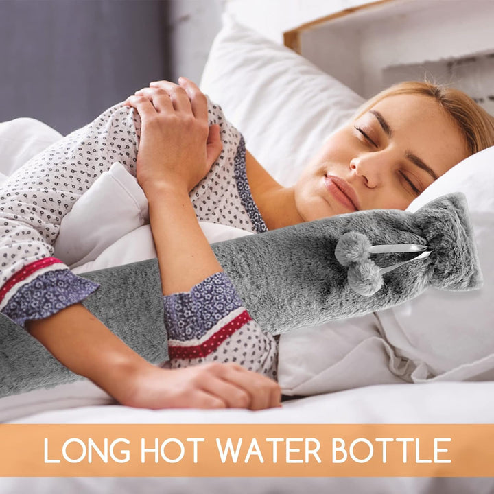Hot Water Bottle  Extra Long Lilac Hot Water Bottle with Super Soft Fleece Cosy Cover Large Hand Feet Warmer, Neck and Shoulder Pain Relief