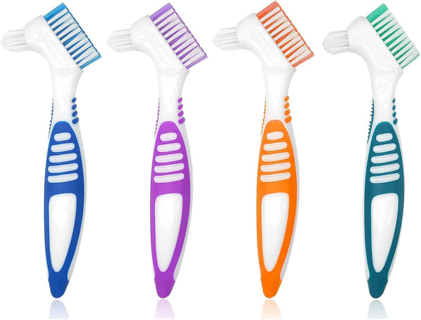 4Pcs Denture Brush, Retainer Brush, Denture Toothbrush, Portable Denture Cleaning Brush, Double Bristle Head Denture Brush, False Teeth Brush for Cleaning Retainers (Blue, Purple, Green,Orange)