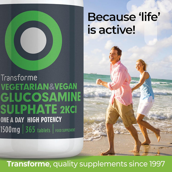 Glucosamine Sulphate 2Kcl 1500Mg 365 Tablets, 1 Year Supply, Vegan High Strength Glucosamine, 1 Coated Breakable Tablet per Day, UK Made Supplement for Men and Women by