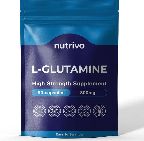 L-Glutamine 800Mg Capsules | 90 Capsules per Pouch | L-Glutamine Nutritional Supplements | Supports Muscle and Gut Health | Good Alternative to Powder and Tablets | Vegan & UK Made