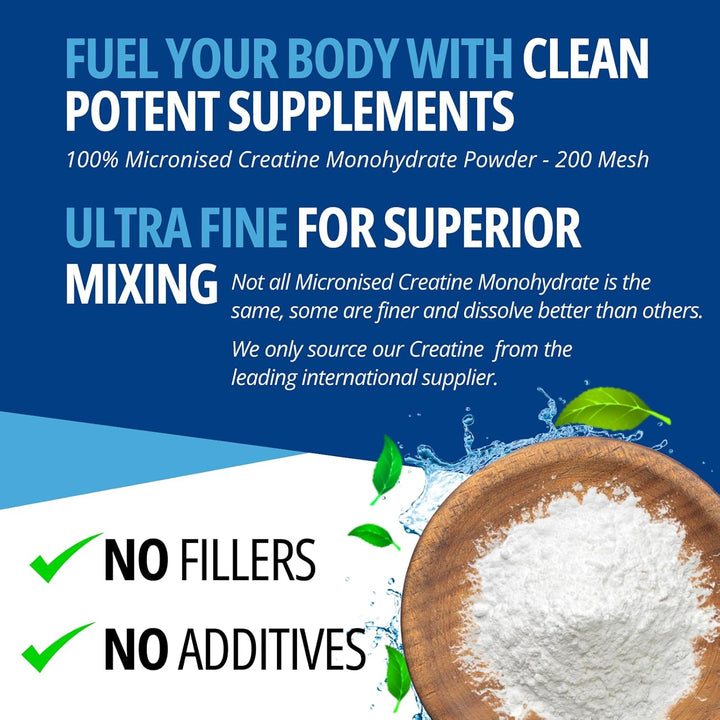 Creatine Monohydrate Powder - 300G (60 X 5G Servings) | 200 Mesh Fine Grade Powder, Pure & Mixes Easily | Includes Scoop | Unflavoured | Made in the UK by