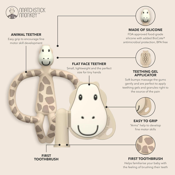 , Antimicrobial Teething Starter Set - 1 Flat Face Teether, 1 Animal Teether, 2 Silicone Finger Toothbrushes, 3 Months Old+, Gigi Giraffe