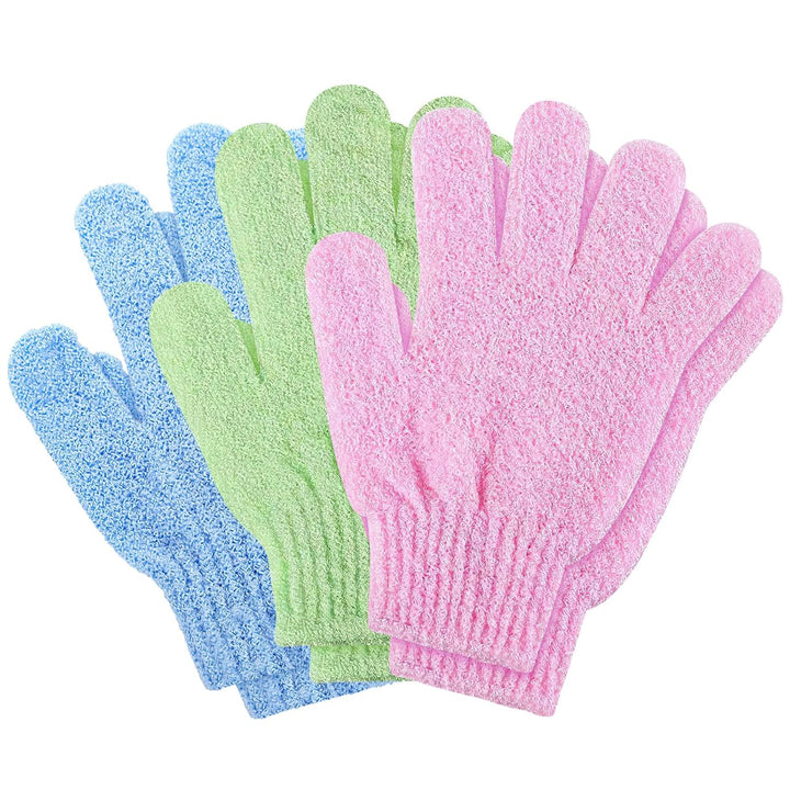 Exfoliating Gloves | Bamboo Shower Gloves | 6Pcs Bath and Body Exfoliator Mitts | Scrubs Away Ingrown Hair and Dead Skin for Shower, Spa, Massage and Dead Skin Cell Remover Loofah - Green,Blue,Pink