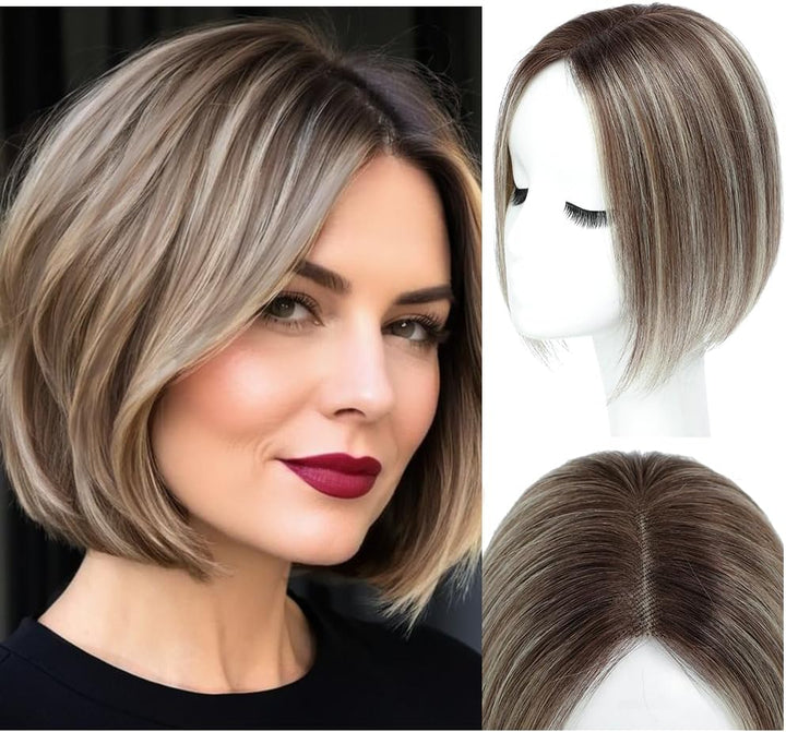 Hair Toppers with Thinninghair 100% Real Human Hair Topper for Women 10Inch Medium Brown Mix Blonde with Dark Brown Root Toppers 120% Density Top Toppee for Thinninghair4T427