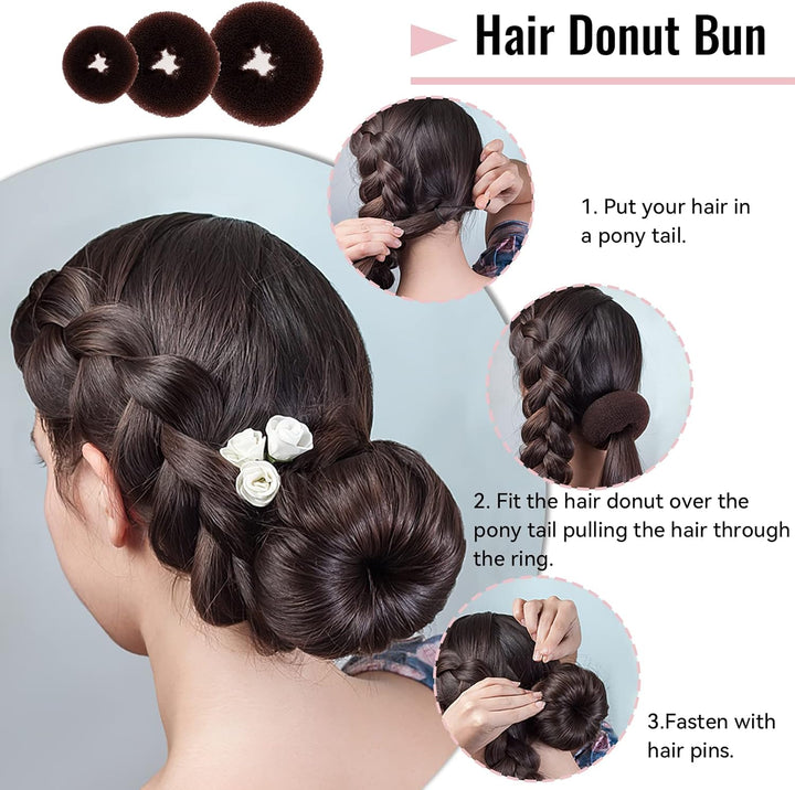 Hair Bun Net, 68PCS Easy Hair Styling Tools- Include Ballet Hair Nets, Hair Doughnut, U Shaped Hair Pins, Bobby Pins and Hair Bands, Hair Bun Maker, Brown Bun Rings for Women Girls Hair Accessories
