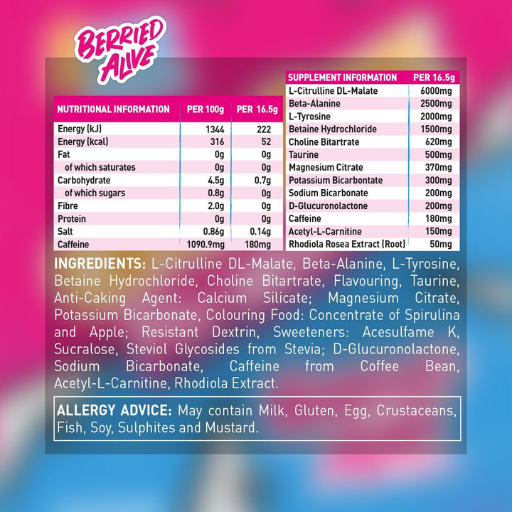 High Caffeine Pre Workout Powder with Natural Caffeine, Citrulline, Beta Alanine, Tyrosine & Betaine (20 Servings) - Berried Alive, 330 G (Pack of 1)