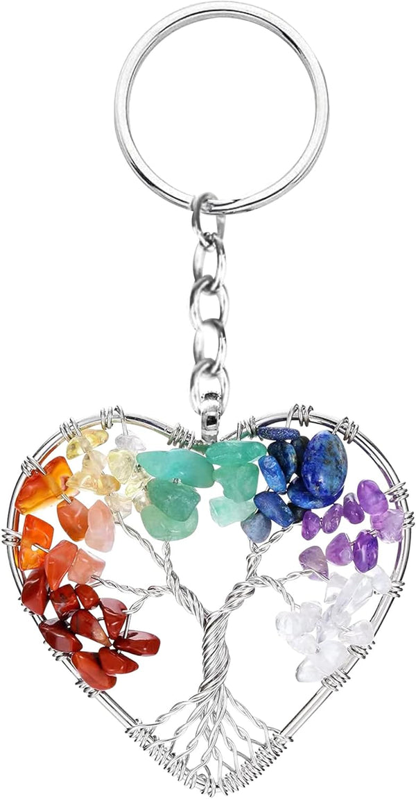 Tree of Life Keyring 7 Chakra Healing Crystal Tumbled Stone Natural Gemstone Car Key Chain Reiki Healing Keychain for Friendship Women Men Girls Bikes Home