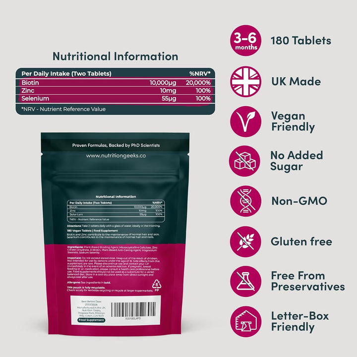 Biotin Hair Growth Supplement - 180 Vegan Tablets Enhanced with Zinc & Selenium, Hair Vitamins Complex - Biotin 10000 Mcg - Hair Skin and Nails Vitamins for Women & Men UK (Packaging Design May Vary)