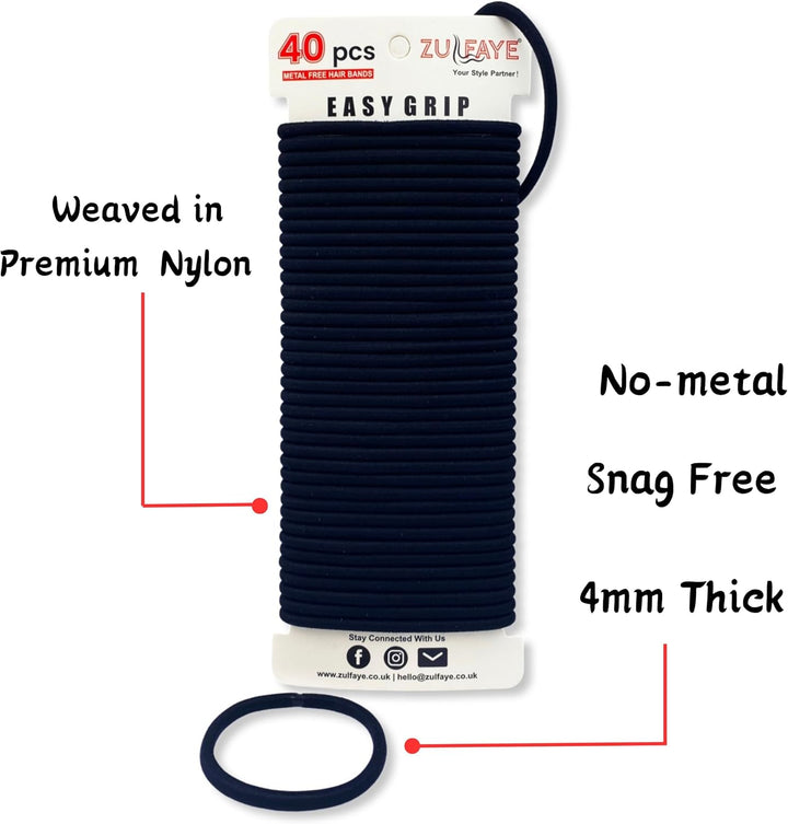 Hair Bobbles for Thick Hair, Elastic Hair Bands for Women, 4Mm Snag Free Strong Hair Ties No Damage for Girls, Hairbands Women, Ponytail Holders (Pack of 40 - Black)