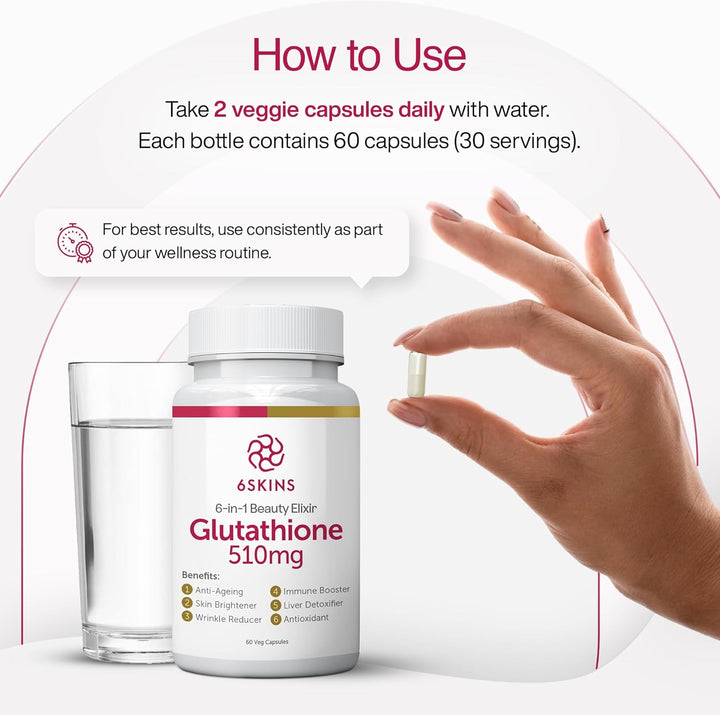 6In1 Beauty Elixir with L-Glutathione 510Mg, NAC 102Mg, Hyaluronic Acid 150Mg Glutathione Supplement with 4X Absorption - Immune and Liver Support, Powerful Antioxidant for Skin - 60 Capsules