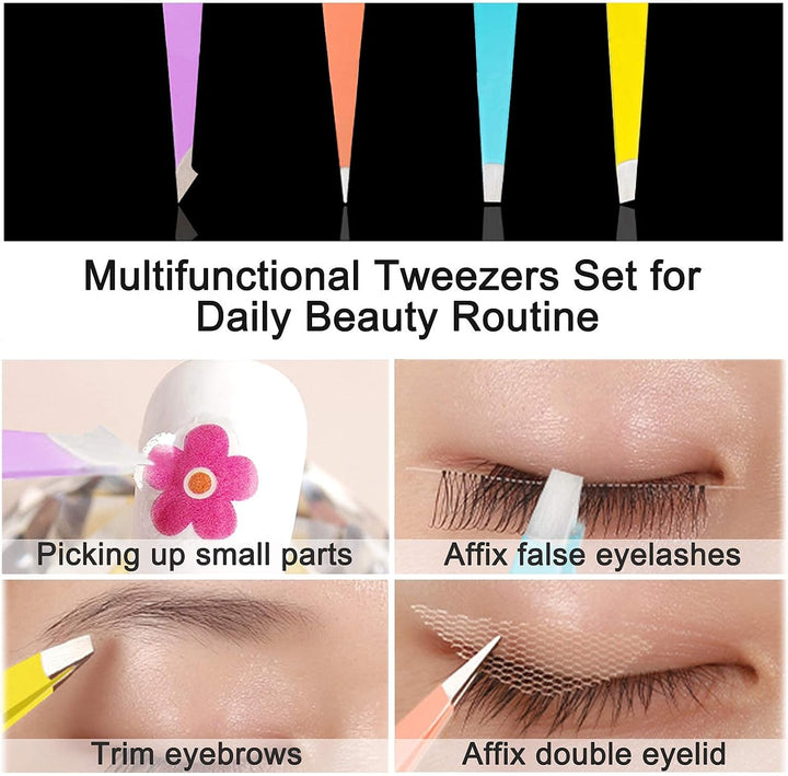 Tweezers Set - Professional Stainless Steel Tweezers for Eyebrows - Great Precision for Facial Hair, Splinter and Ingrown Hair Removal