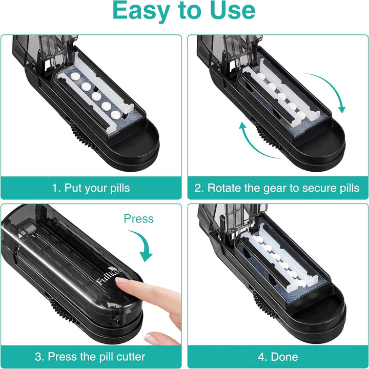 Multiple Pill Cutter, Adjustable Pill Cutter for Small Pills with Accurate Pill Alignment, Stainless Steel Cutting Blade & Blade Guard, Pill Splitter with Free Brush & Pill Box (Black)