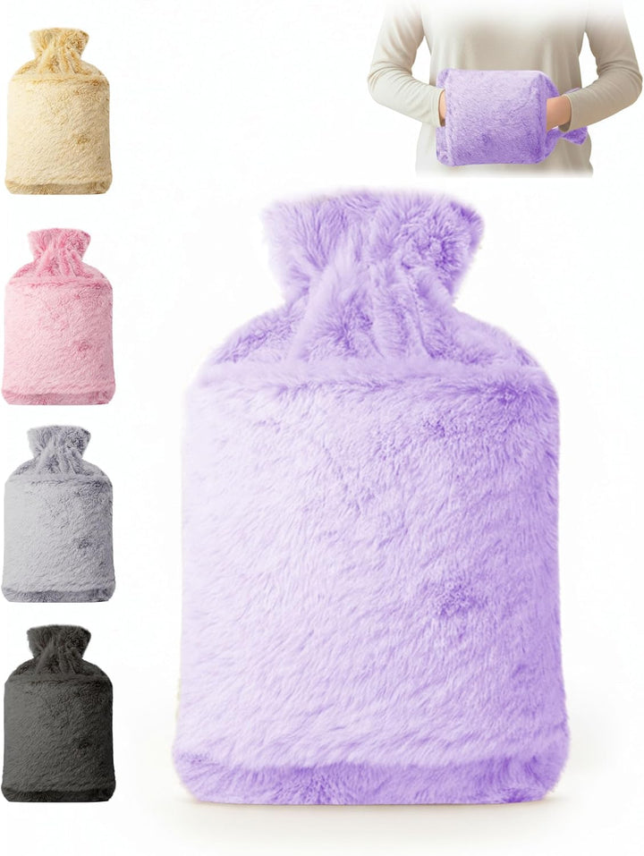 Hot Water Bottle 2L with Soft Faux Fur Cover, Leakproof Natural Rubber, Long Lasting Warmth for Neck, Back & Hands, Fluffy Cosy Design for Men & Women, Winter Comfort - Grey