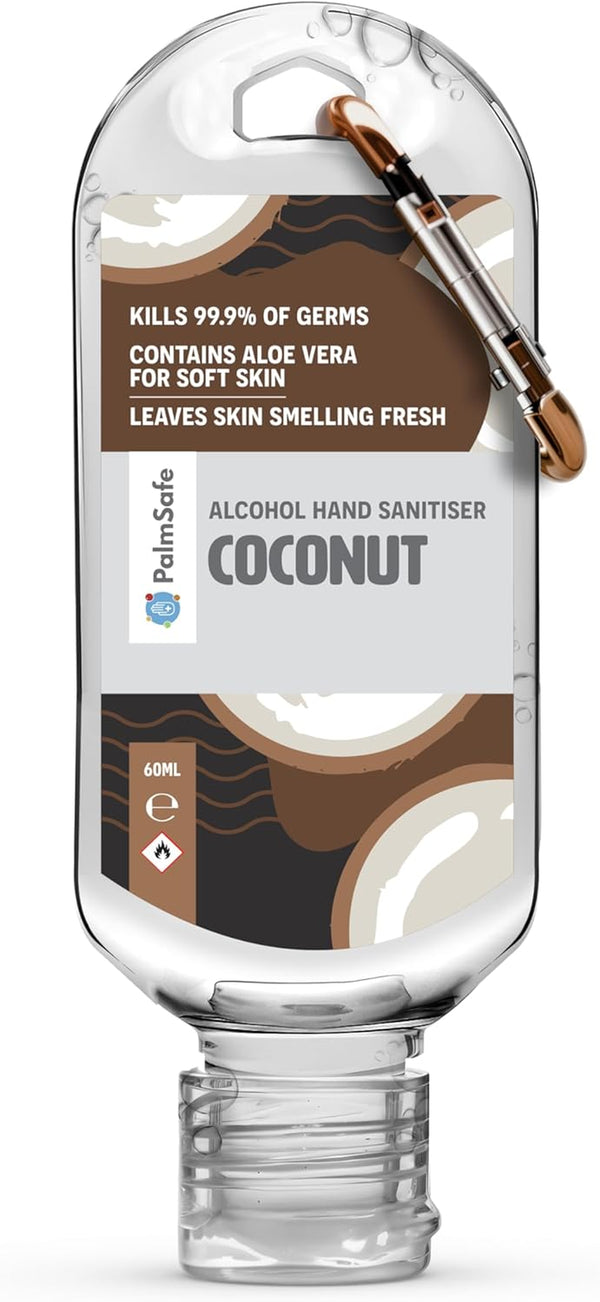 Coconut 60Ml anti Bacterial Premium Hand Sanitiser Travel Size Refillable Clip Bottle Quick Drying Non Sticky Extra Moisturising Kills 99.9% of Viruses and Bacteria