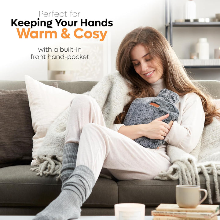 Hot Water Bottle with Cover UK - for Pain Relief (2L) 2 Sided Hot Water Bottle for Adults with Pocket for Endometriosis Period Pain Relief Stomach Cramps