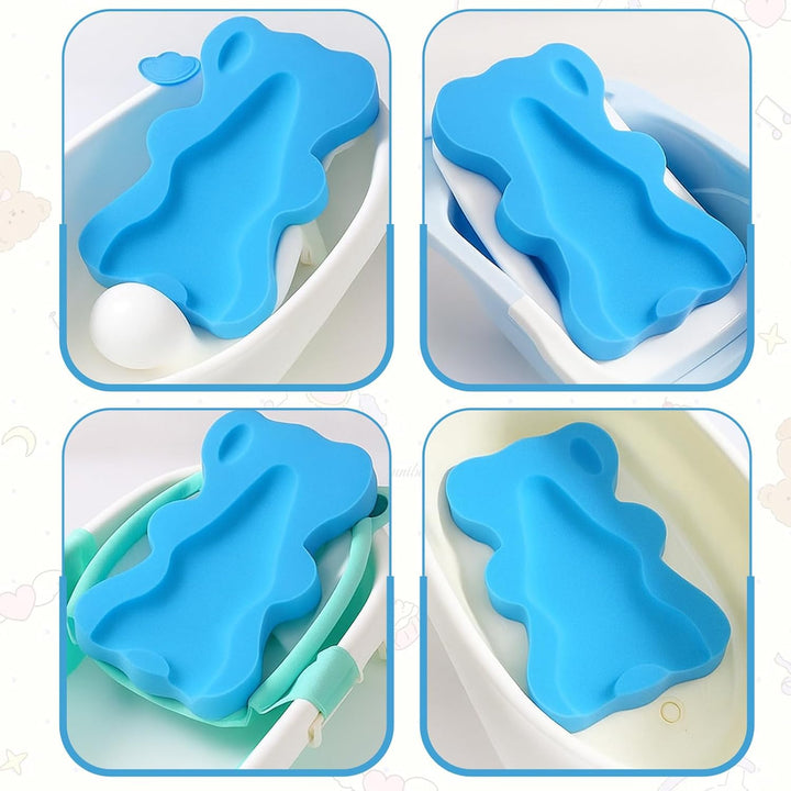 Baby Bath Sponge with Support Pillow, Anti-Slip Foam Baby Bath Cushion & Holder, Antimicrobial Blue Bath Mat for Infant Care & Newborn