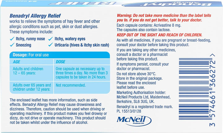 Allergy Relief Capsules (1 X 24), Antihistamine Capsules with Acrivastine, Hayfever Tablets for Relief, Suitable for Pet, Dust, and Skin Allergies
