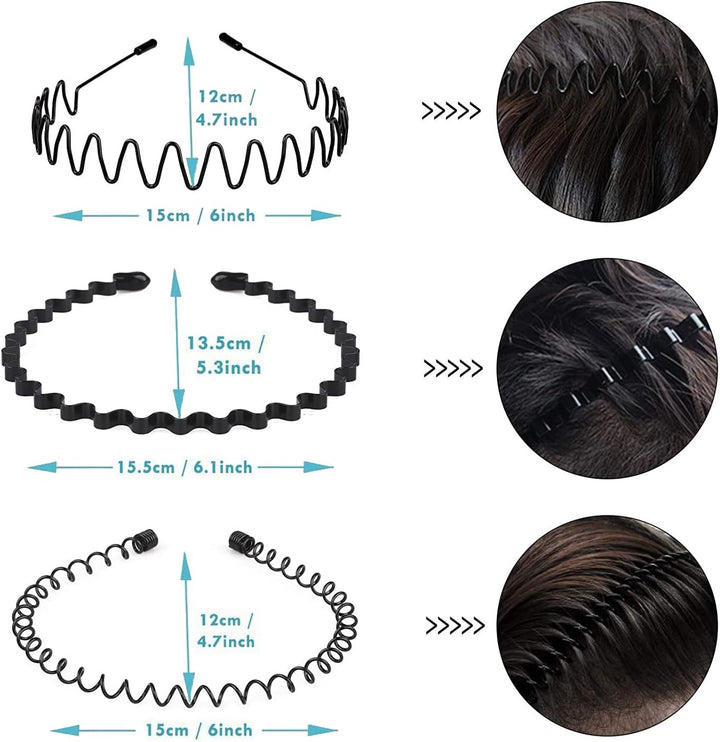 Metal Headband Mens Hair Band Non-Slip Sports Hair Hoop for Men Black Wavy Fashion Hair Band for Outdoor Weddings (6 PCS)