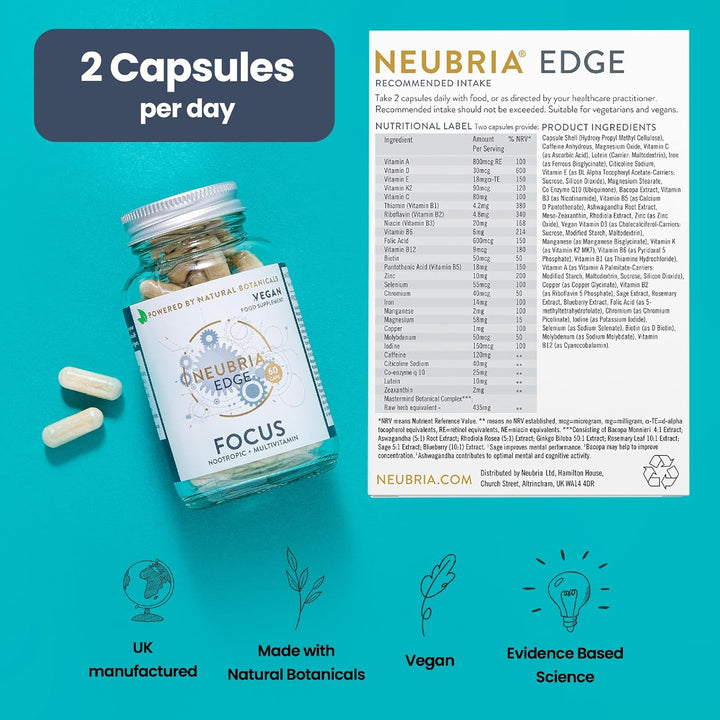 Edge Focus Supplement – Multivitamin for Adults with Bacopa Monnieri, Ashwagandha, Rhodiola, Ginkgo Biloba, Sage, Blueberry & Rosemary – Potent Cognitive Formula – 60 Vegan Capsules