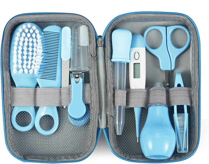 Baby Healthcare and Grooming Kit, Baby Safety Set Baby Comb, Brush, Finger Toothbrush, Nail Clippers, Scissors, Nasal Aspirator, Baby Essentials Nursery Care Kit (Blue)