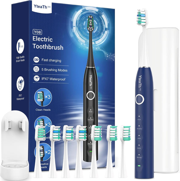 Sonic Electric Toothbrush for Adults and Kids - Sonic Toothbrush with 8 Toothbrush Heads (3 Types) and 5 Modes, 120 Days Battery Life, 50000 VPM, Travel Case and Wall Holder, 2 Minute Timer, USB C