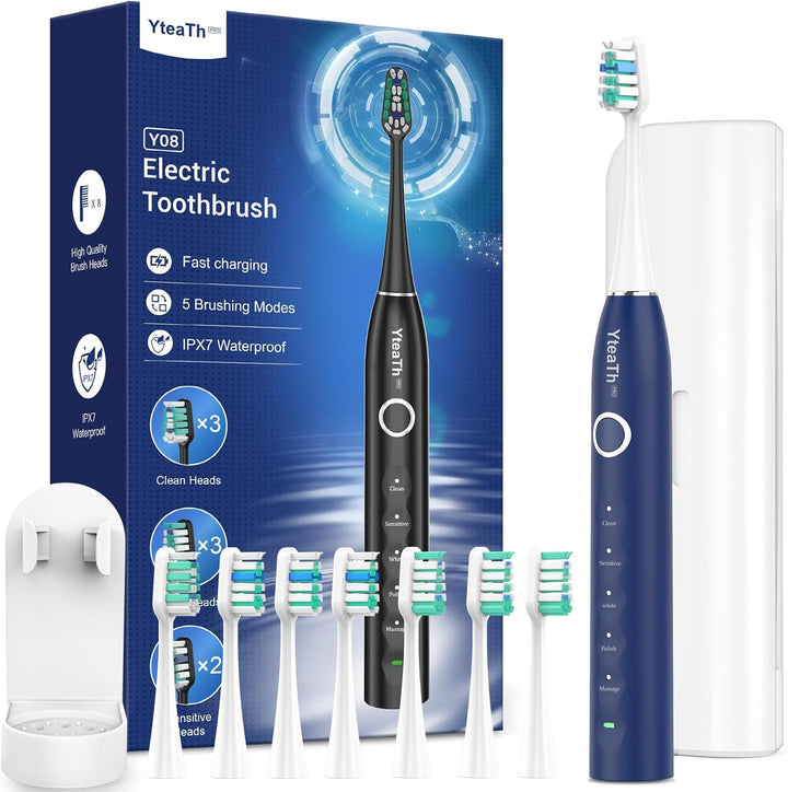 Sonic Electric Toothbrush for Adults and Kids - Sonic Toothbrush with 8 Toothbrush Heads (3 Types) and 5 Modes, 120 Days Battery Life, 50000 VPM, Travel Case and Wall Holder, 2 Minute Timer, USB C
