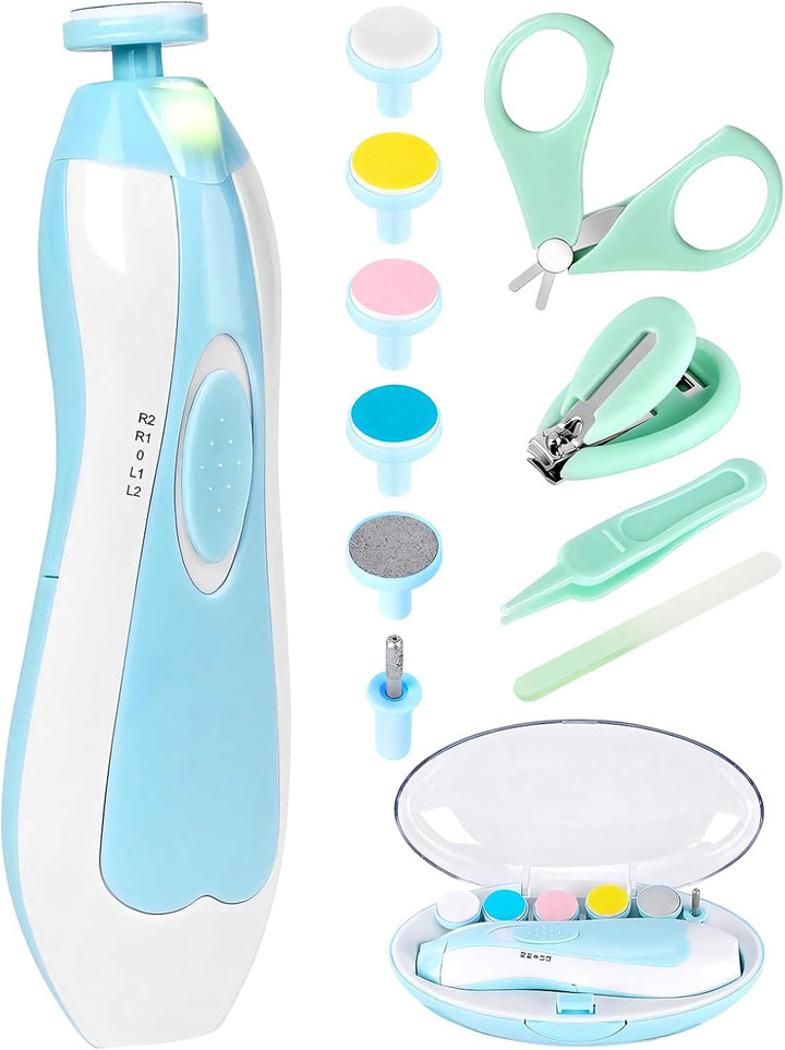 Baby Electric Nail File, 8 in 1 Safe Baby Nail Trimmer, Baby Nail Clippers with 6 Grinding Heads and Light, Baby Nail Care Kit for All Ages (Blue)