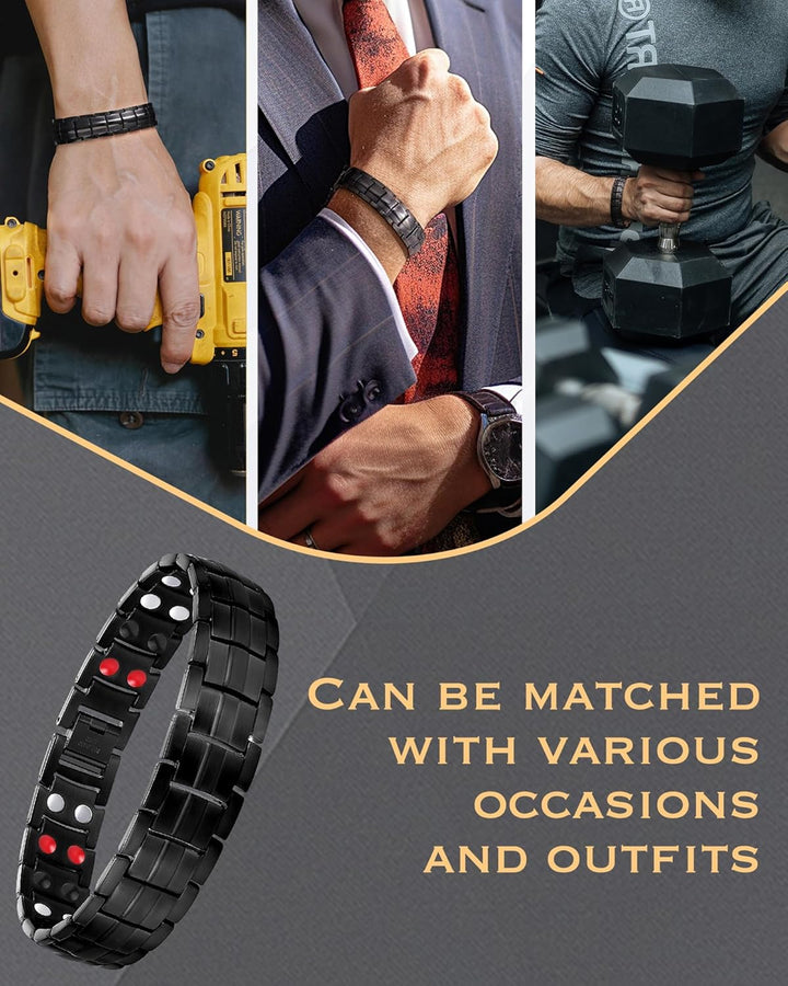 Titanium Steel Magnetic Bracelets for Men,4 Element Double Row Strength Magnets Wristband Magnetic Brazaletes with Free Links Removal Tool & Jewelry Gift Box