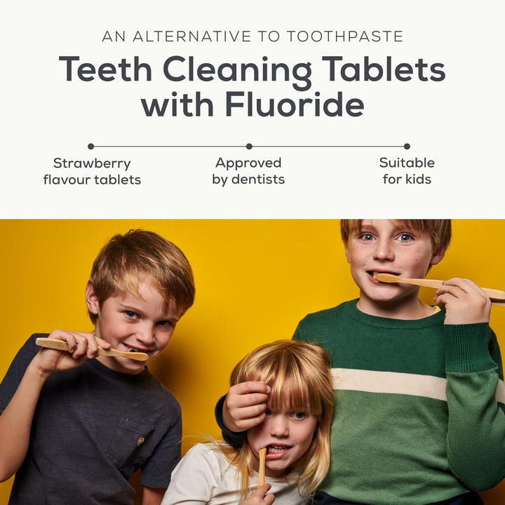 Strawberry Teeth Cleaning Tablets with Fluoride – Pack of 125, Natural Toothpaste Tablets for Adults & Kids, Vegan & Eco-Friendly, Cavity Prevention