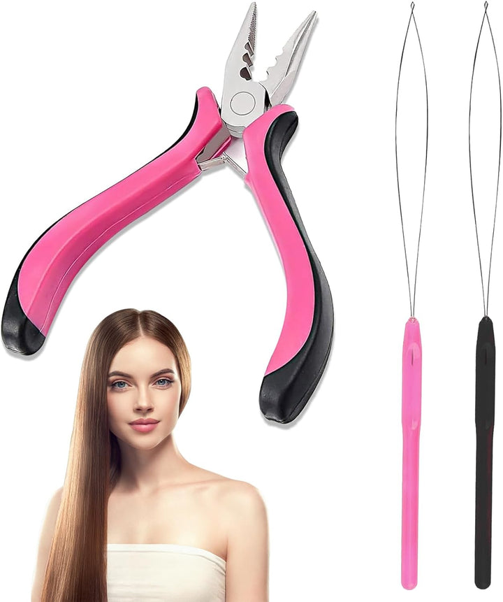3 Pcs Professional Nano Hair Extension Tools - Kit Includes 1 Plier and 2 Loop Threaders - Mini Hair Extension Tool for Easy Installation and Removal