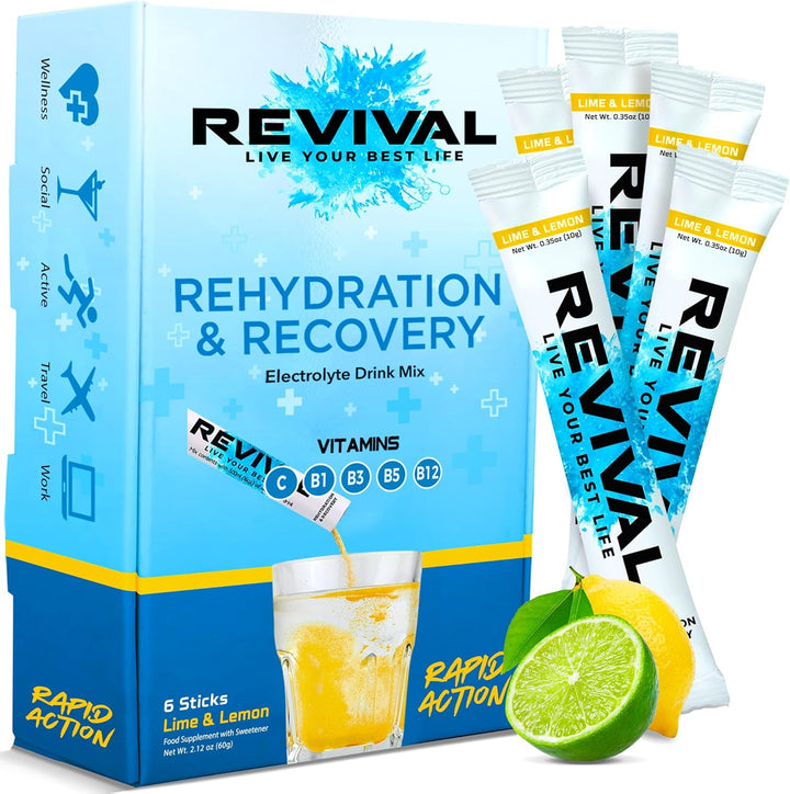 Revival Rapid Rehydration Electrolytes Powder - High Strength Vitamin C, B1, B3, B5, B12 Supplement Sachet Drink, Effervescent Electrolyte Hydration Tablets - 12 Pack Assorted Flavours