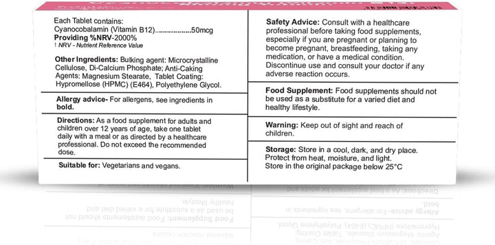 Cyanocobalamin Vitamin B12 50Mcg 50 Tablets - Suitable for Vegans & Vegetarians - Food Supplement - for Men & Women - Made in UK