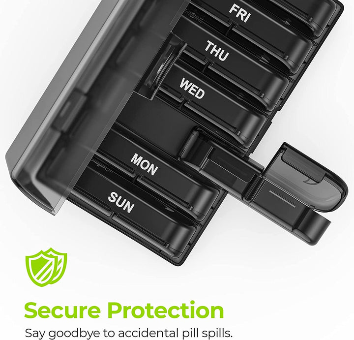 Pill Box Organiser, XL Weekly Pill Box 7 Day 2 Times a Day with One-Side Large Opening Design for Easy Filling, Tablet Organiser with Black Privacy Protection for Medication/Vitamins/Fish Oils