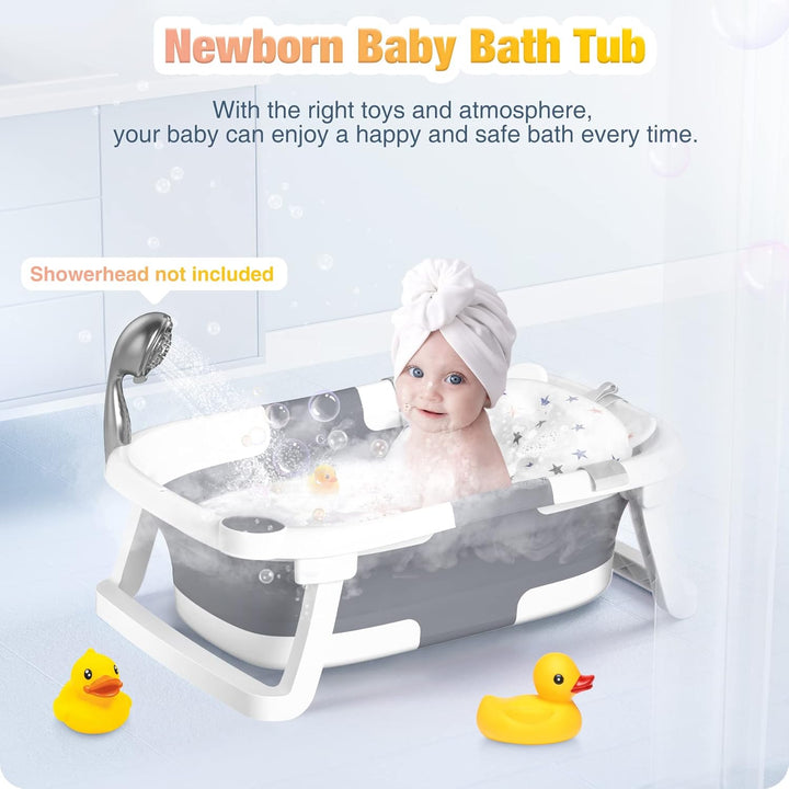 Baby Bath Tub Foldable,Portable Bath Newborn to Toddler with Non-Slip Mat,Drain Hole,No Thermometer,Grey