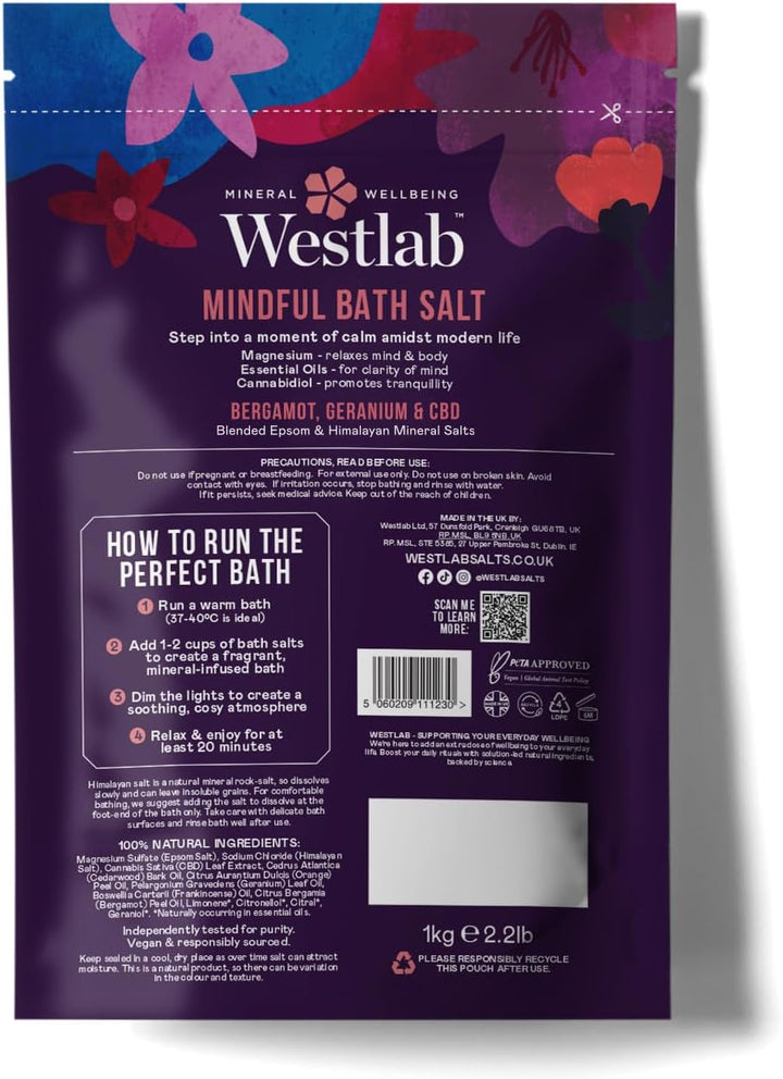 Mindful CBD Bath Salts 1Kg - Epsom & Himalayan Salts Infused with Bergamot, Geranium for Calming and Soothing, Guaranteed Purity.