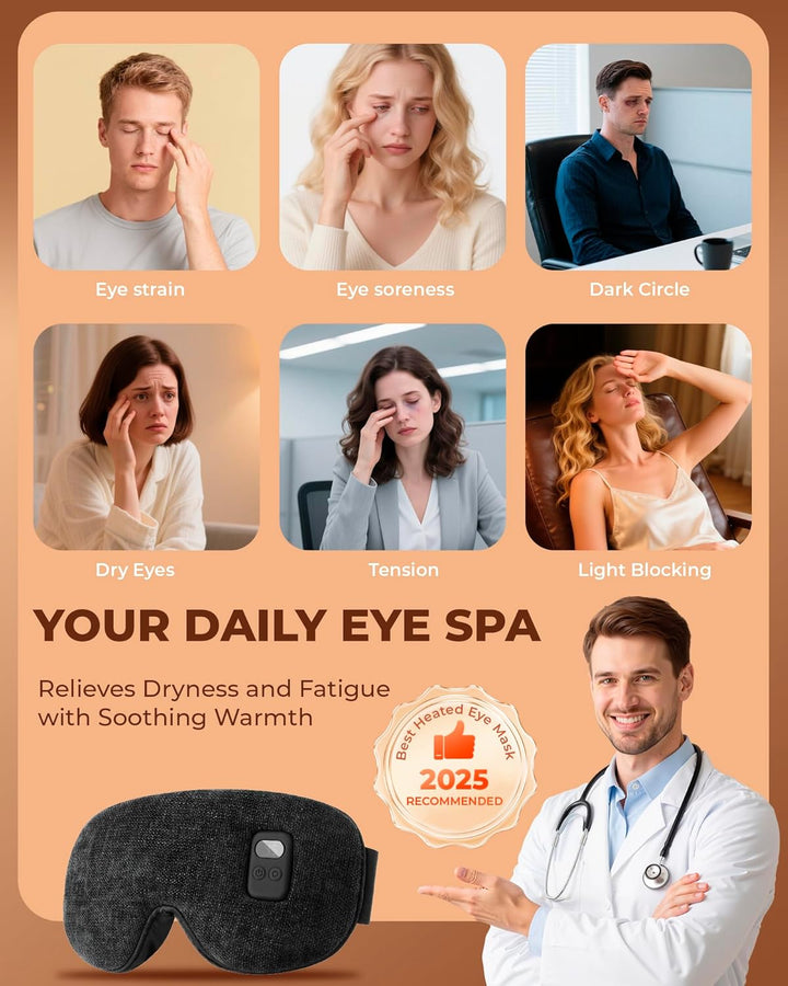 Heated Eye Mask: Cordless Warm Eye Compress - Rechargeable Silk Sleep Mask for Sleep Travel Office - Moist-Warming Mask with Adjustable Heat & Timer Washable Cover, Gift for Women Men Thermal Pillows