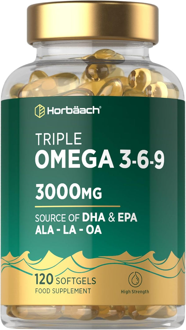 Triple Omega 3 6 9 Capsules 3000Mg ALA, LA & OA | 120 Softgels | High Strength EPA & DHA Essential Fatty Acids | Supplement with Fish Oil, Flaxseed & Sunflower Oil | by