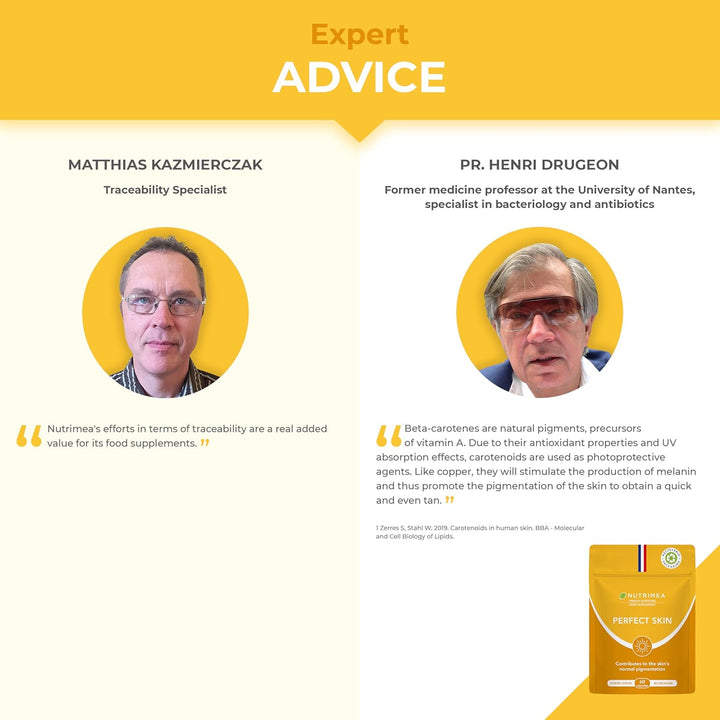 PERFECT SKIN - Tanning Accelerator Tablets - Natural Sun Protector - Bronzed Glow - 60 Vegan Capsules - Beta Carotene and Burdock - French Expertise - Nutrimea