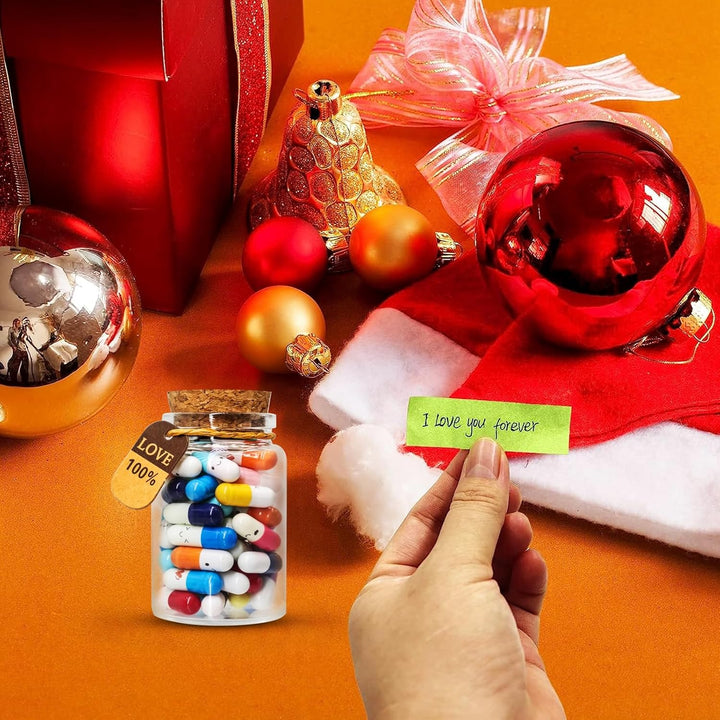Capsule Letters Message in a Glass Bottles, 50Pcs Cute Smiling Face Love Friendship Letter Color Pill with Wishing Bottle, Message Pills for Boys Girls Friends Family