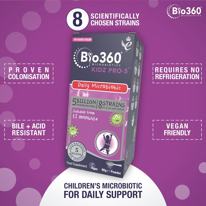 Bio360 Kidz Pro-5 Daily Microbiotic Powder 90G for Children 12 Months to 12 Years - 5 Billion Friendly Bacteria - Supports Digestive Health & Immunity Sugar Free Vegan Non-Gmo Gluten-Free