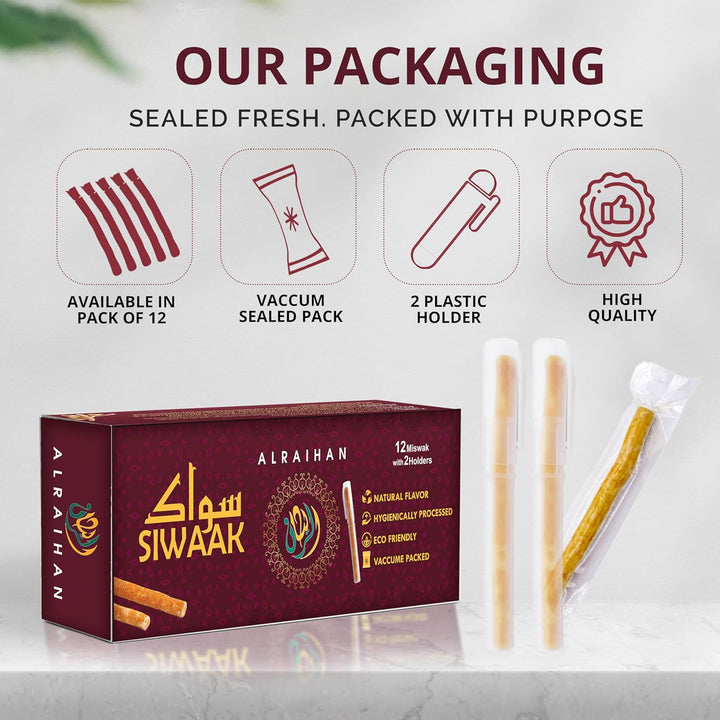 12Pcs Miswak Sticks with 2 Holders for Natural White Teeth- Original Siwak Traditional Arabian Toothbrush, Wooden Chew Sticks for Organic Teeth Cleaning & Mouth Care||Pack of 12