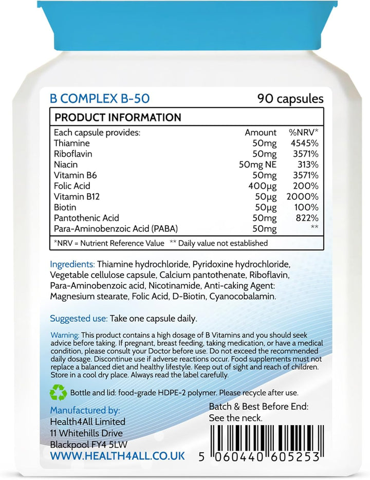 Vitamin B Complex B-50 90 Capsules, 3 Months Supply, High Potency Vegan B-Complex with PABA | Support Cognitive Functions, Energy, Tiredness & Fatigue | Made in UK (Not Tablets)
