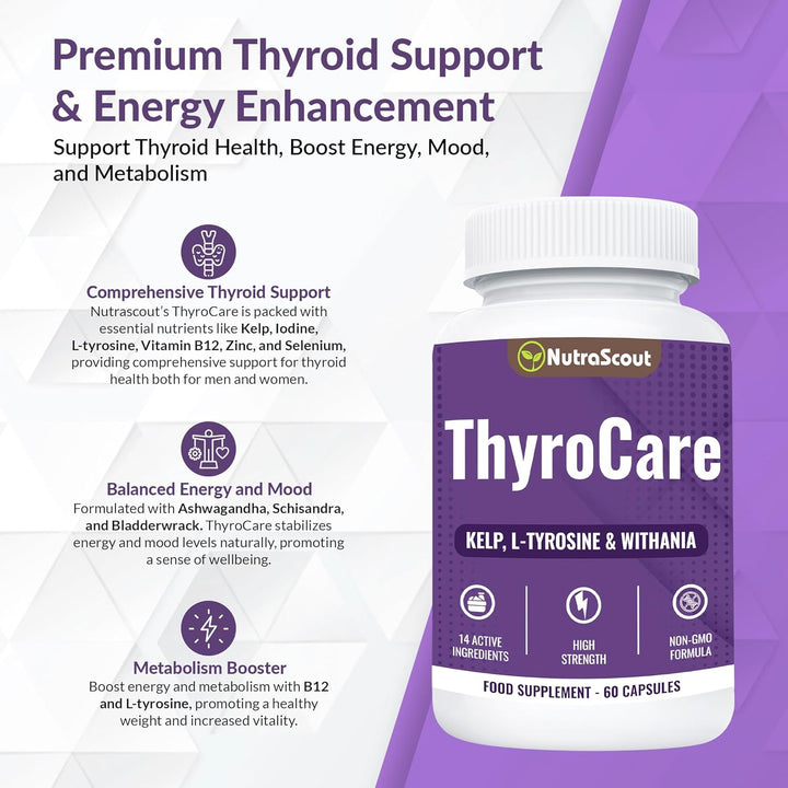 Thyrocare #1Thyro & Energy Support Supplement | Advanced Metabolism & Focus Formula with Kelp, Iodine, L-Tyrosine, Ashwaganda, B12, Selenium, Schisandra, Cayenne | 60 Capsules (Non-Gmo)
