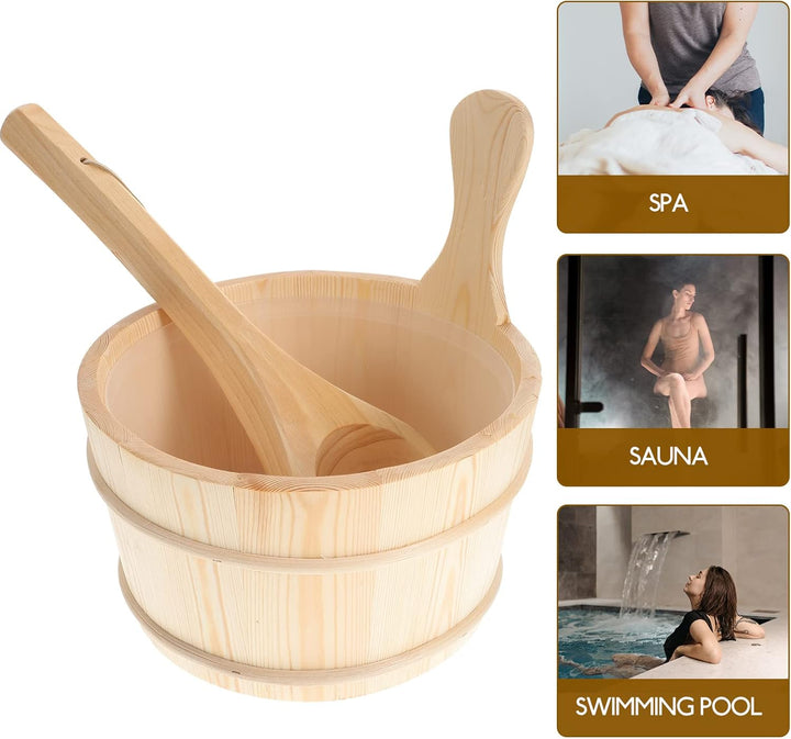 2Pcs Sauna Wooden Bucket and Ladle Set Sauna Water Bucket Wood Ladle Kit Barrel Set Sauna Steam Water Accessories (Neutral Style)