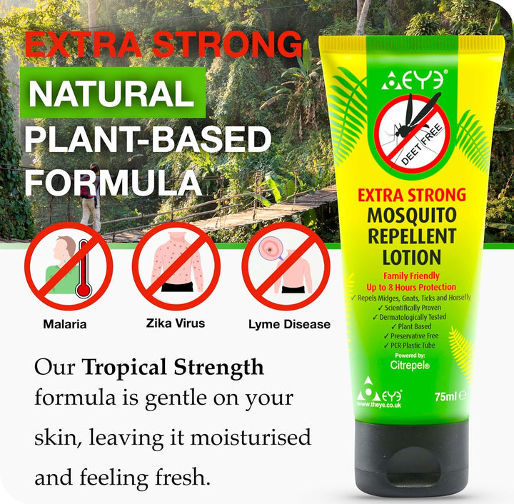 Mosquito Repellent Cream - Extra Strong/Tropical Strength - 100% Natural, Deet Free, No Preservatives - Safe Insect/Midge Repellent for Adults, Children & the Environment - 75Ml