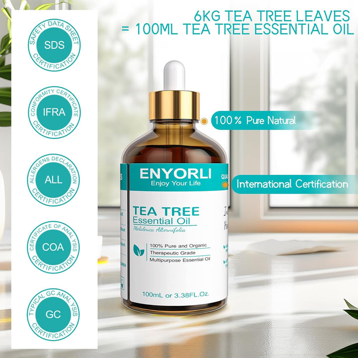 Tea Tree Essential Oil 100Ml Tea Tree Oil 100% Pure Organic for Aromatherapy Diffuser Acne Hair Scalp Nail Fungus Natural Skincare