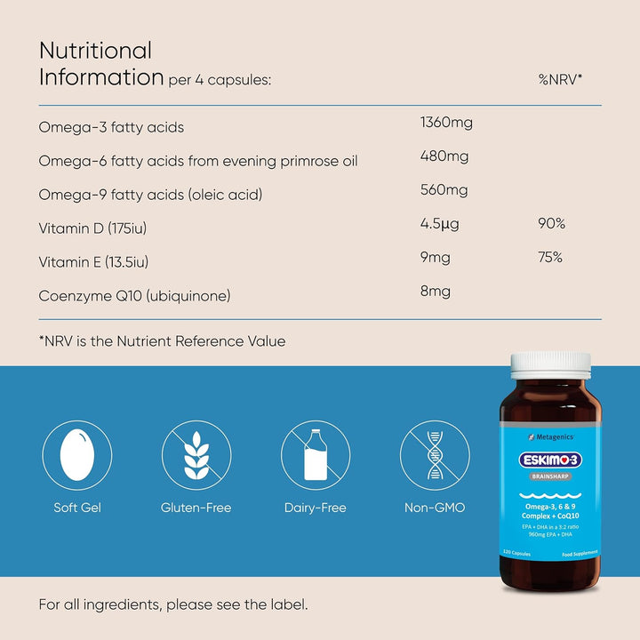 Eskimo-3 Brainsharp Fish Oil by  - Omega-3, 6 & 9 + Coq10 for Memory & Concentration - 960Mg EPA & DHA - Lemon, 120 Capsules