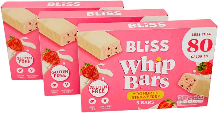 Gluten Free Bliss Whip Bars Strawberry & Yoghurt | under 80 Calories | High Fibre | Vegetarian Cereal Bars | 3 X 5 Packs with  14-Day Healthy Eating Challenge