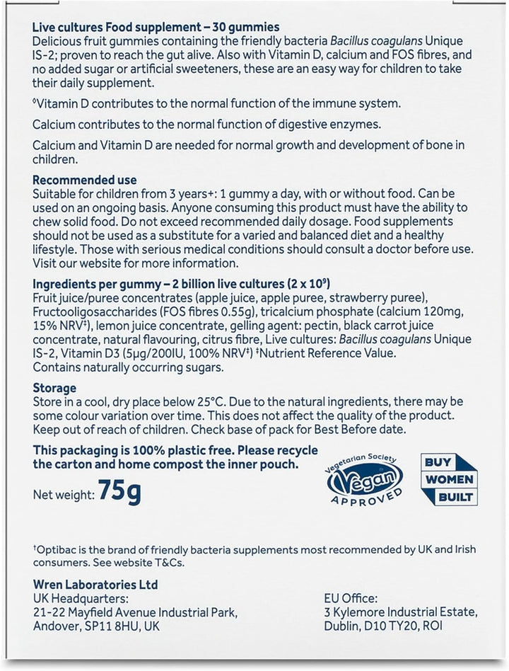 Optibac Kids Probiotic Gummies - with Vitamin D & Calcium for Immune System Support & Gut Health - 30 Vegan Gummies